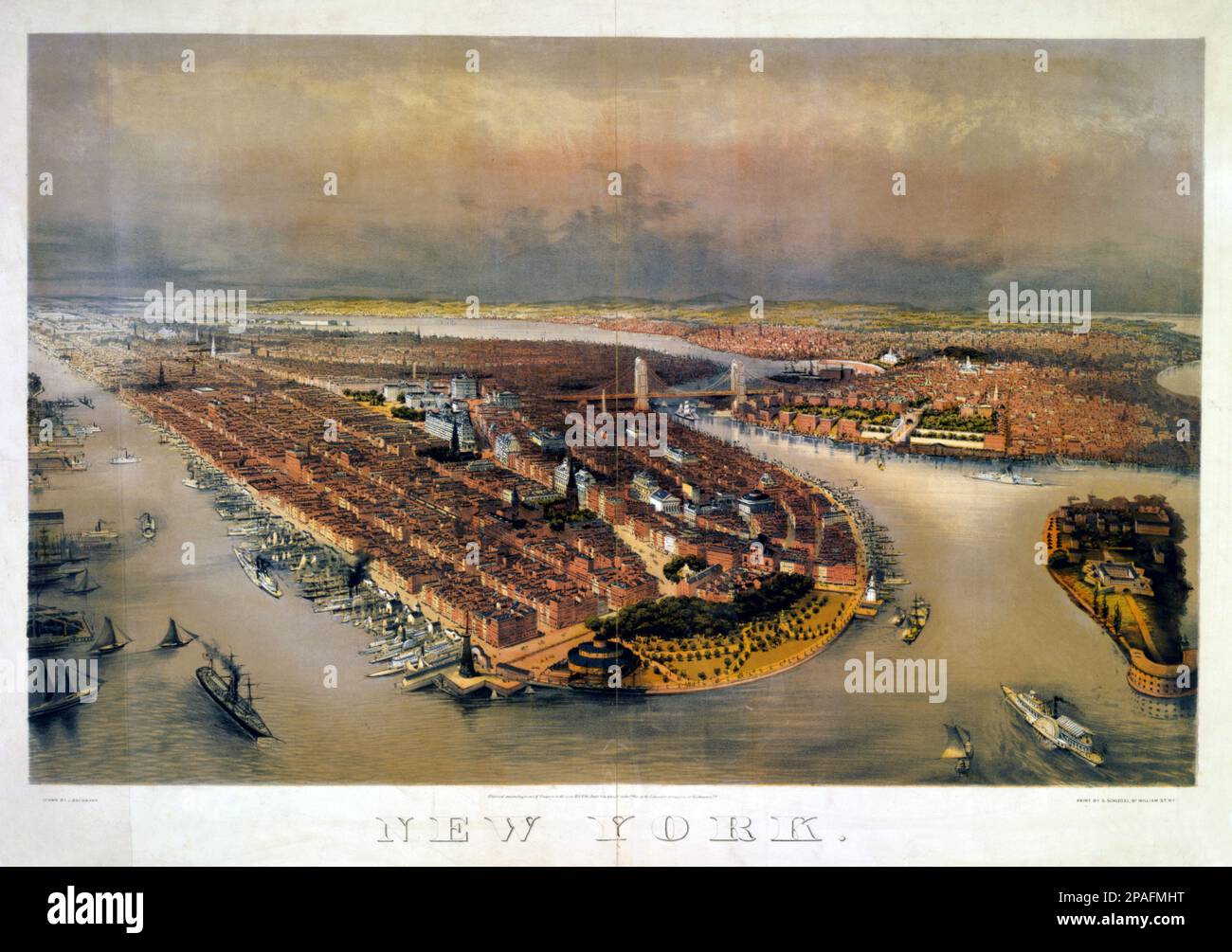 1874 , NEW YORK , USA : The AERIAL vue of NEW YORK , disegnato da J. Bachmann . - VEDUTA EAEREA - incisione - incisione - FOTO STORICHE - STORIA - GEOGRAFIA - GEOGRAFIA - paesaggio - paesaggio - porto - lungomare - MANATTHAN - ELLIS ISLAND - Fiume - Fiume Hudson - PONTE DI BROOKLYN - STATI Uniti AMERICA --- ARCHIVIO GBB Foto Stock