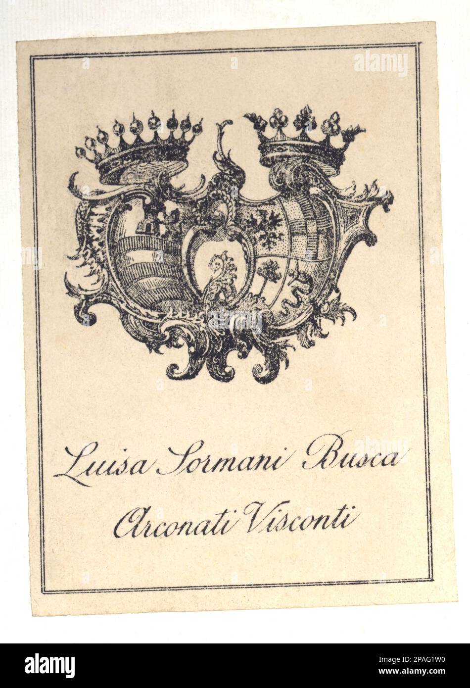 1873 ca , Milano , Italia : l'ex LIBRIS della Marchesa LUISA (Luigia) BUSCA ARCONATI VISCONTI di Lomagna (1855 - 1928) sposato nel 1873 con il conte Pietro SORMANI ANDREANI VERRI (1849 - 1934) - Foto storiche - foto storica - Nobiltà italiana - nobiltà - nobili italiani - nobile - BELLE EPOQUE - ITALIA - Conte - Milano - ARALDICA - stemma ---- ARCHIVIO GBB Foto Stock