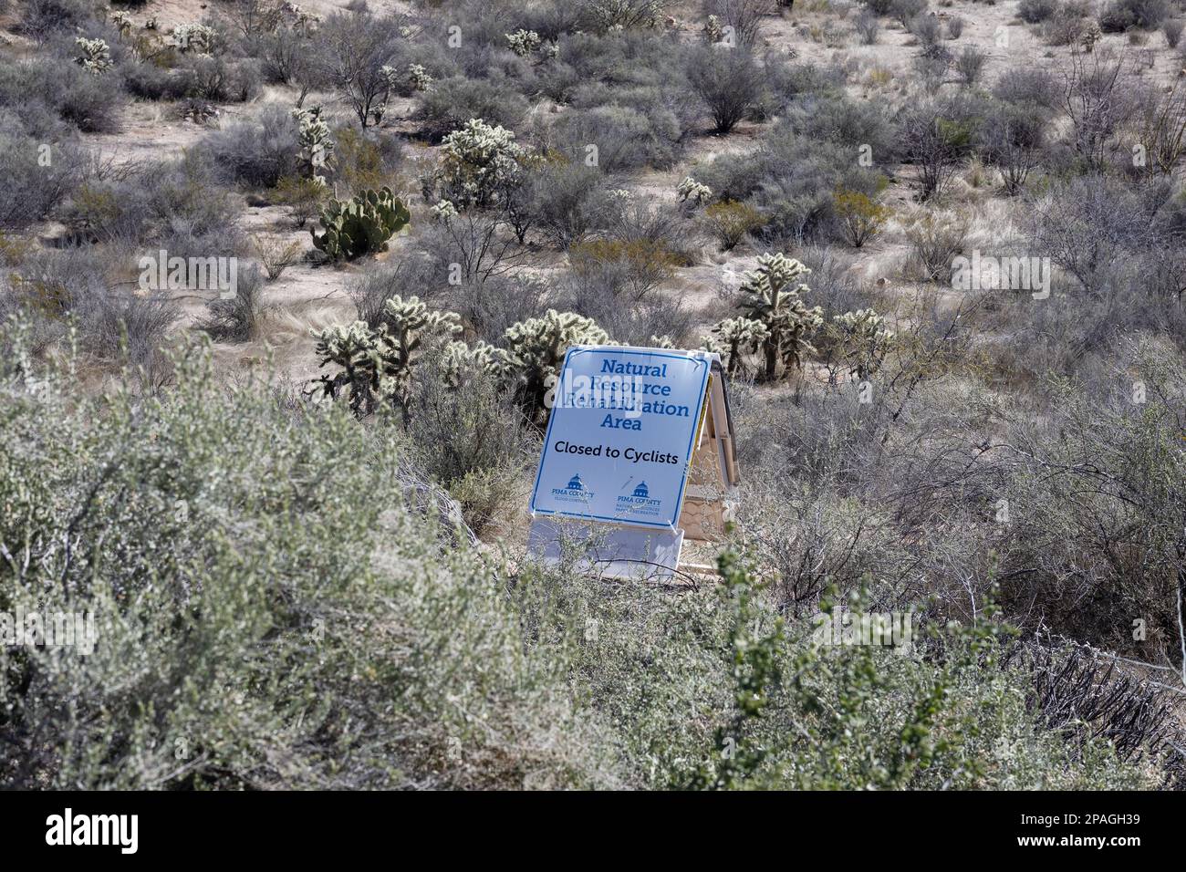 Un segno per un'area di riabilitazione delle risorse naturali in un parco a Tucson, Arizona. Foto Stock