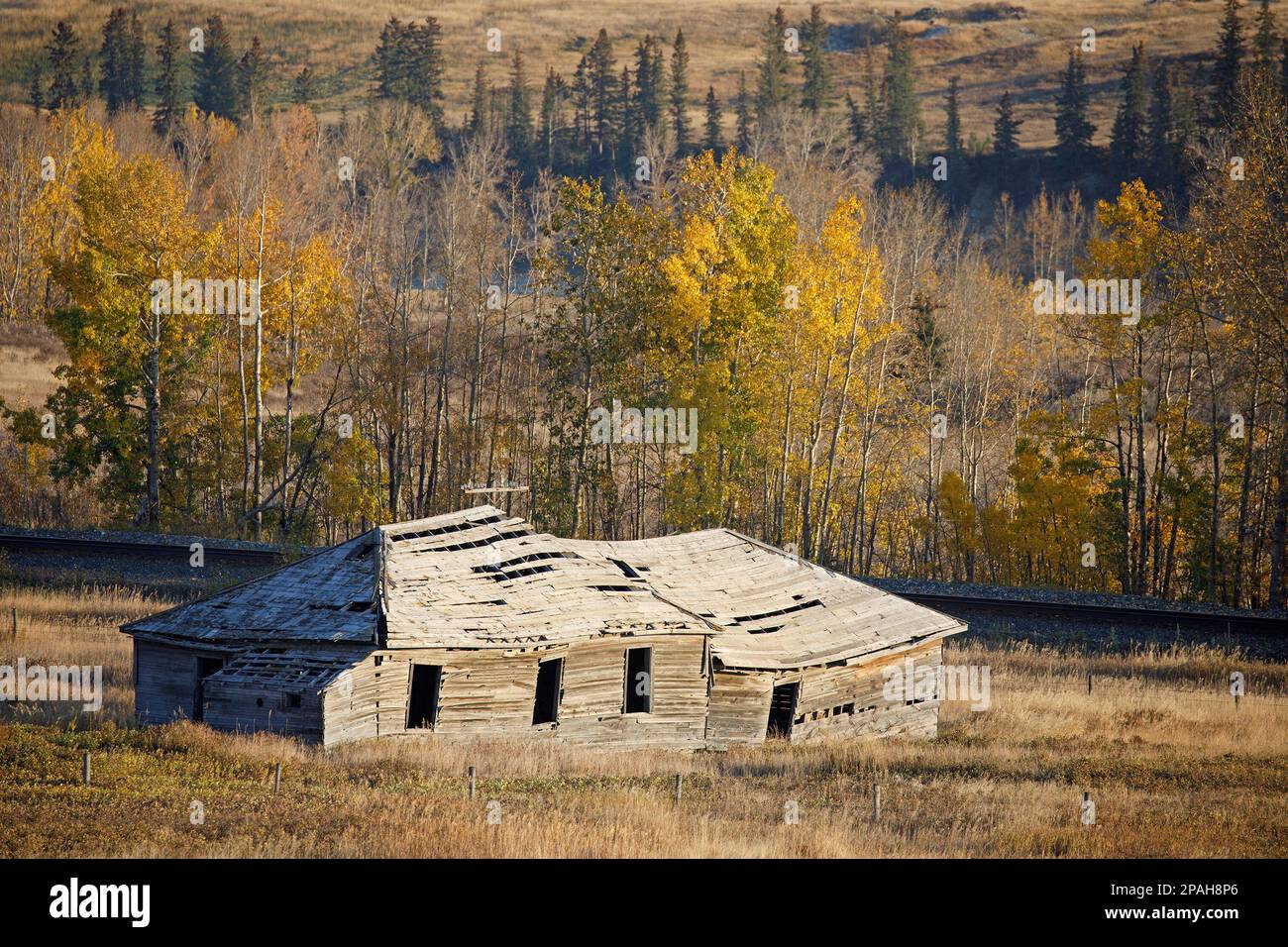 Abbandonato storico generale negozio e ufficio postale edificio in legno accanto a un vecchio binario ferroviario nel Glenbow Ranch Provincial Park, Alberta, Canada Foto Stock