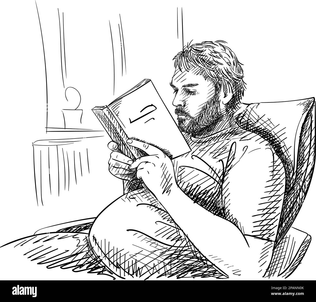 Schizzo dell'uomo con la barba è lettura del libro e seduta comoda sulla poltrona in camera, disegno a mano vettoriale con tratteggio trasversale Illustrazione Vettoriale