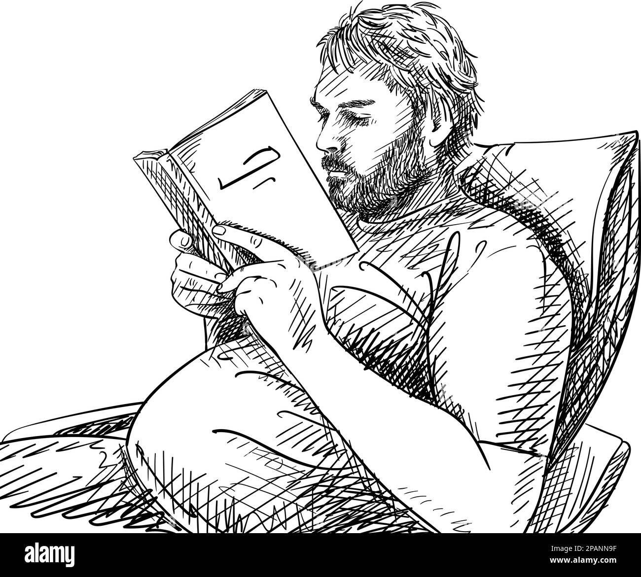 Schizzo dell'uomo con la barba è lettura del libro e seduta comoda sulla poltrona, disegno a mano vettoriale con tratteggio trasversale Illustrazione Vettoriale