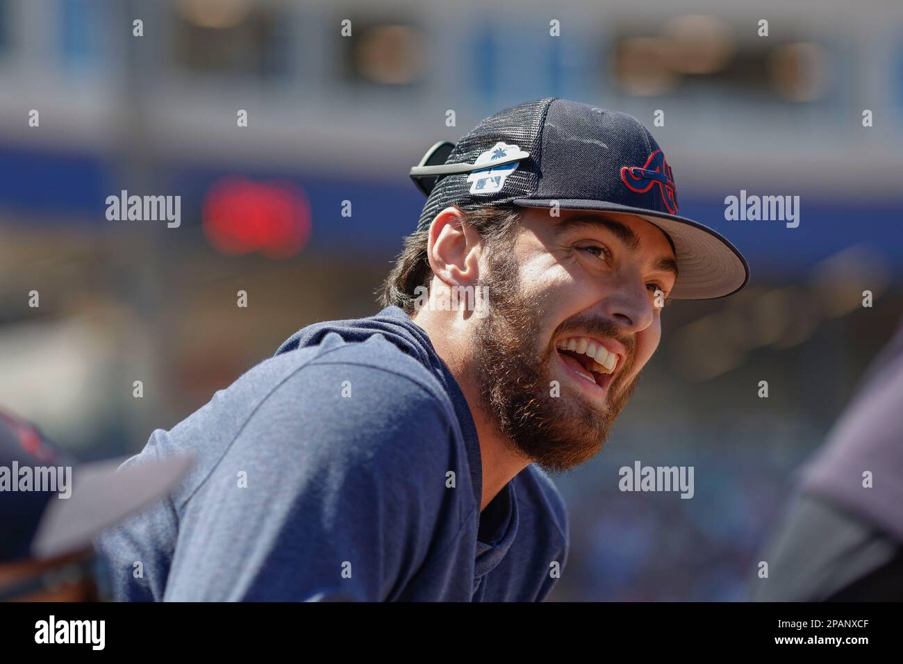 Il 11 marzo 2023, North Port FL USA; Atlanta Braves ha superato Cody Milligan (76) nel dugout durante una partita di allenamento primaverile della MLB contro la Detroit T. Foto Stock