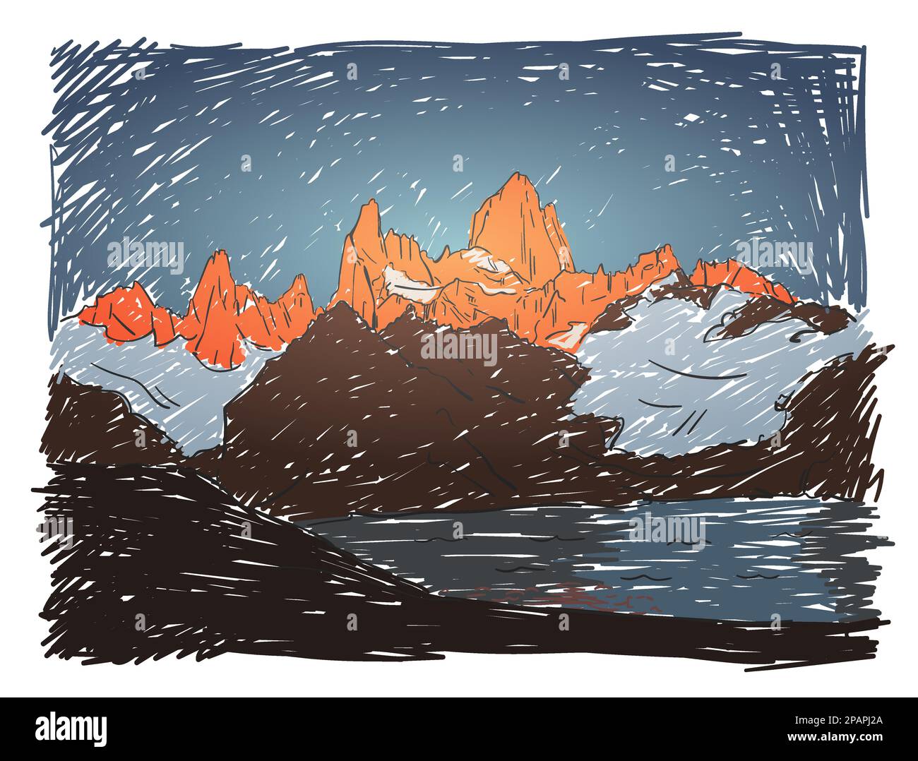 Schizzo del massiccio montuoso Fitz Roy all'alba e Laguna De los Tres, illustrazione a colori vettoriale disegnata a mano Illustrazione Vettoriale