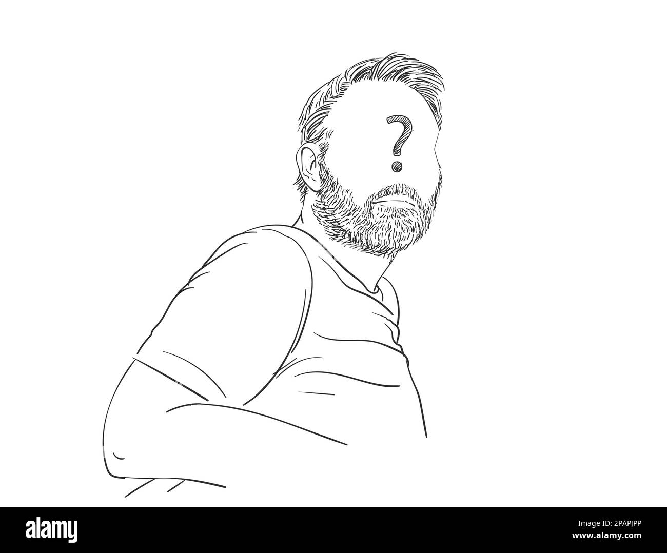 Disegno vettoriale del ritratto dell'uomo con segno interrogativo sul volto vuoto, illustrazione disegnata a mano isolata Illustrazione Vettoriale