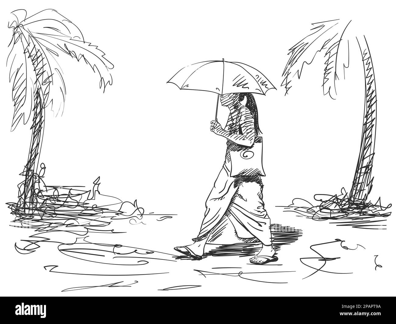 Disegno di una ragazza che cammina con ombrello sotto le palme, disegno vettoriale disegnato a mano Illustrazione Vettoriale