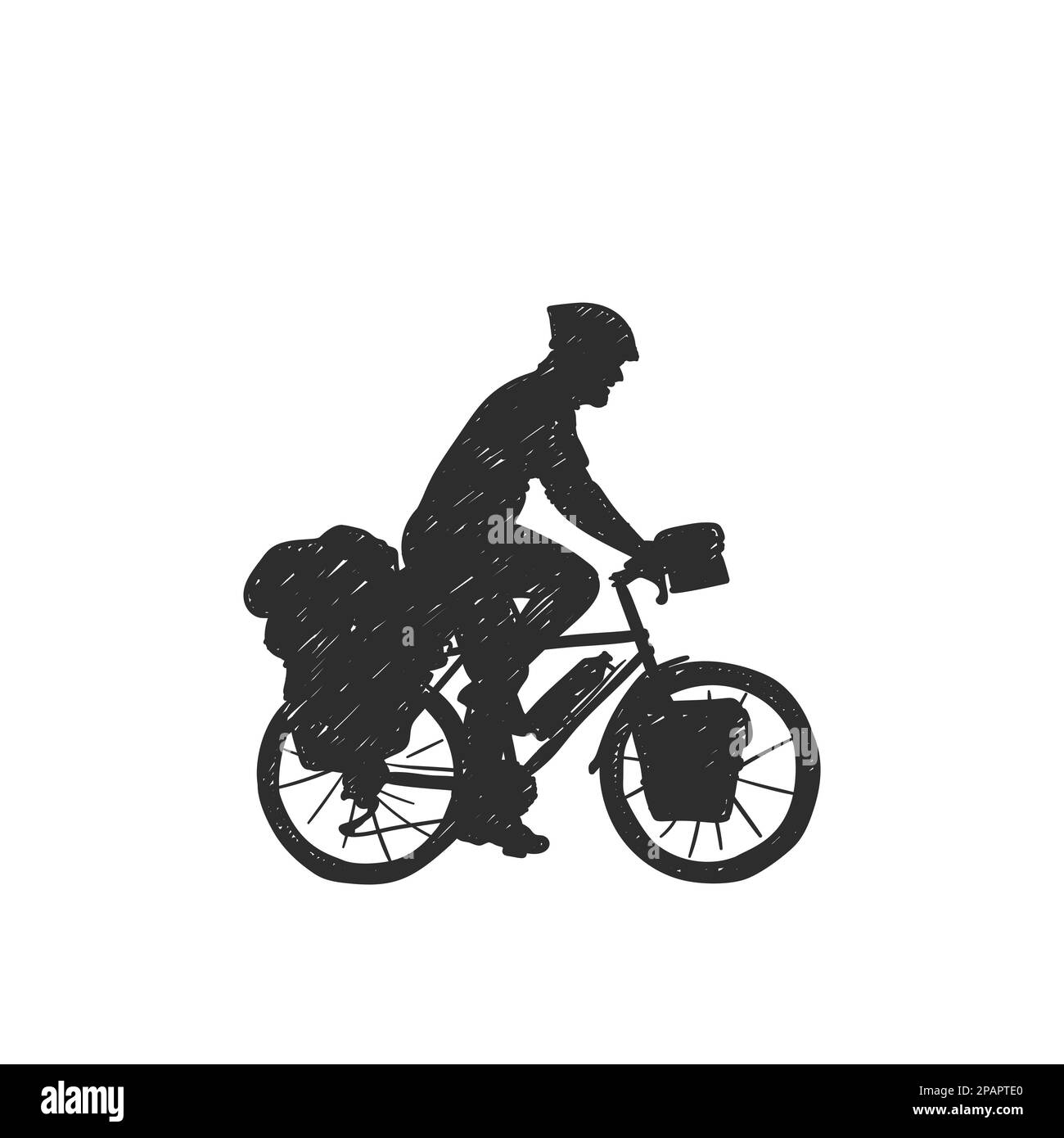 Viaggio lungo distanse ciclista silhouette disegnata a mano vettore isolato su bianco, Bikepacking Illustrazione Vettoriale