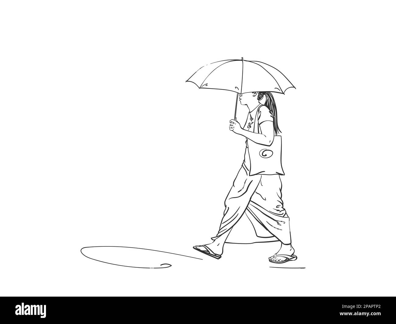 Disegno di una ragazza che cammina con ombrello, disegno vettoriale disegnato a mano Illustrazione Vettoriale