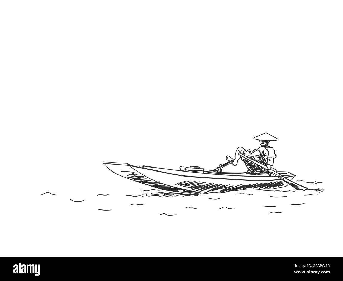 Schizzo di Vietnam uomo in cappello conico è barca a remi con i suoi piedi, disegnata a mano vettore illustrazione Illustrazione Vettoriale