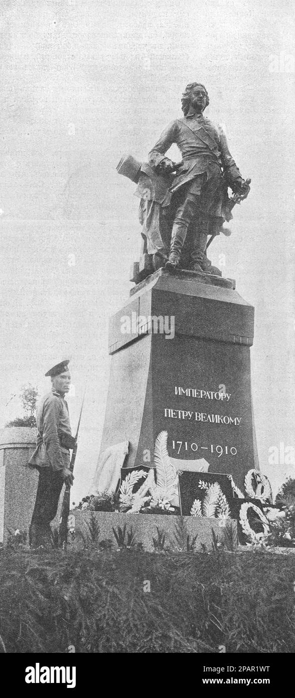Monumento a Pietro il Grande a Vyborg in memoria del 200th° anniversario della cattura della fortezza di Vyborg. Foto dal 1910. Foto Stock