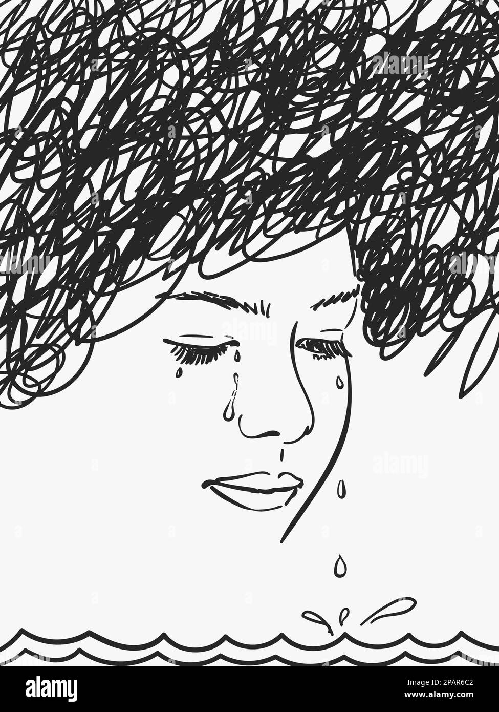 Mare di lacrime che sgocciolano dagli occhi di una giovane depressa con nuvola nera sulla testa, schizzo vettoriale, illustrazione disegnata a mano Illustrazione Vettoriale