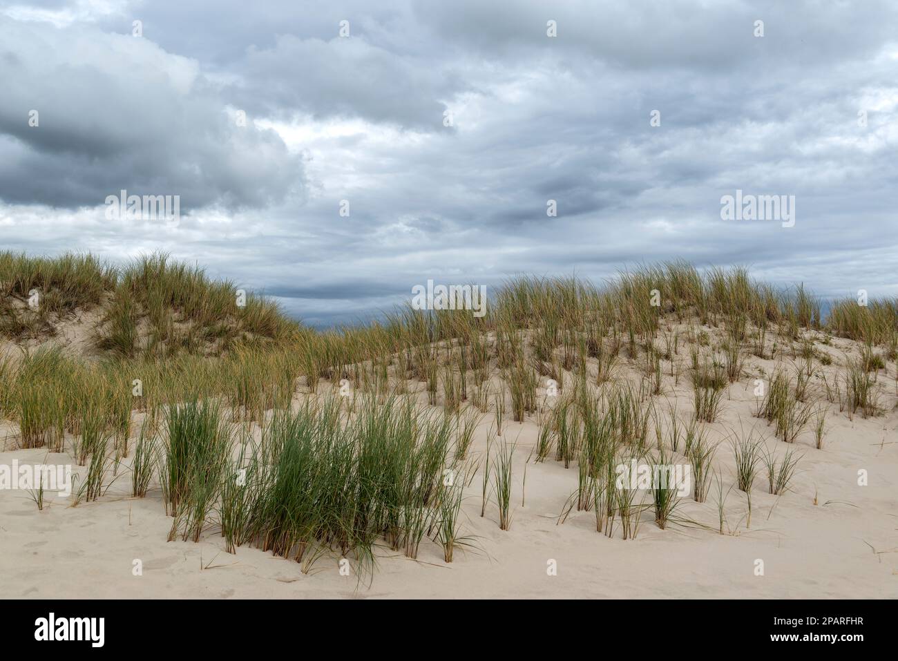 Dune di sabbia erbose sotto un cielo spettacolare a Maghera Beach, County Donegal, Irlanda Foto Stock