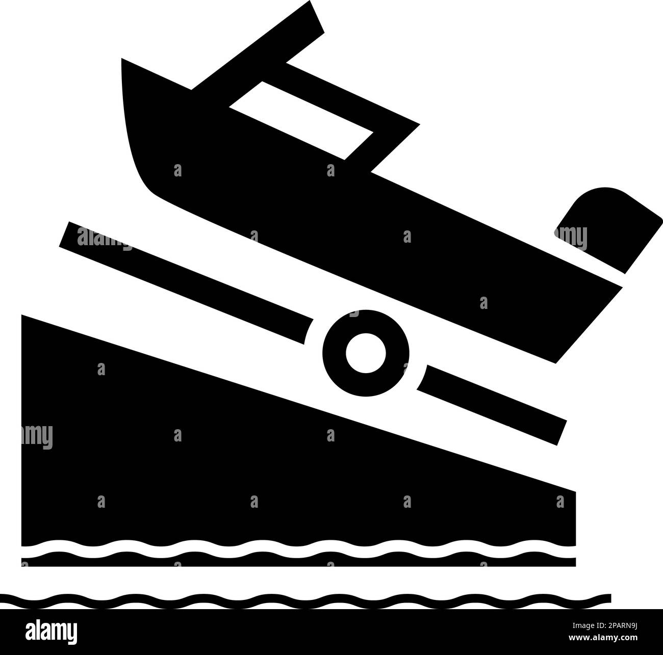 Icona del porticciolo per barche a motore su sfondo bianco. cartello rampa barca. simbolo barche di lancio. stile piatto. Foto Stock