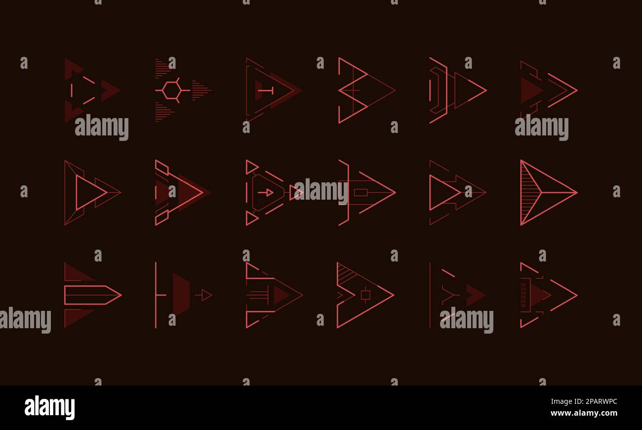 Frecce HUD. Segno di direzione e segno di puntatore del gioco olografico asset, elementi di design futuristici, cursore al neon e pulsante di visualizzazione successivo. Set vettoriale. Collezione di icone rosse di diverse forme Illustrazione Vettoriale