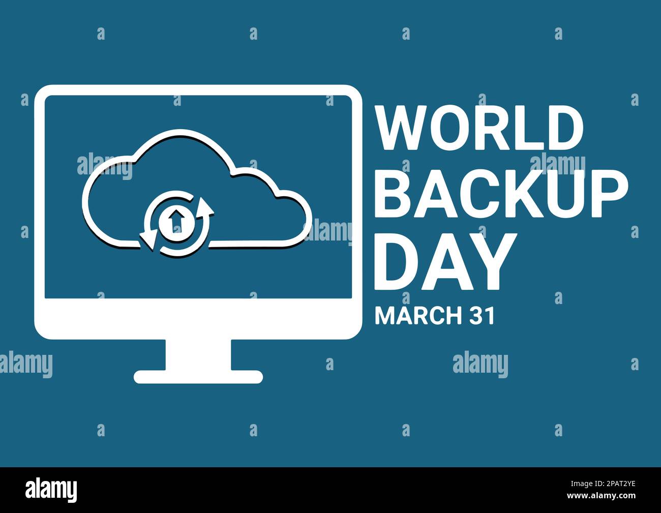 World Backup Day Marzo 31 illustrazione vettoriale con computer e icona a forma di freccia circolare su sfondo blu marino Illustrazione Vettoriale