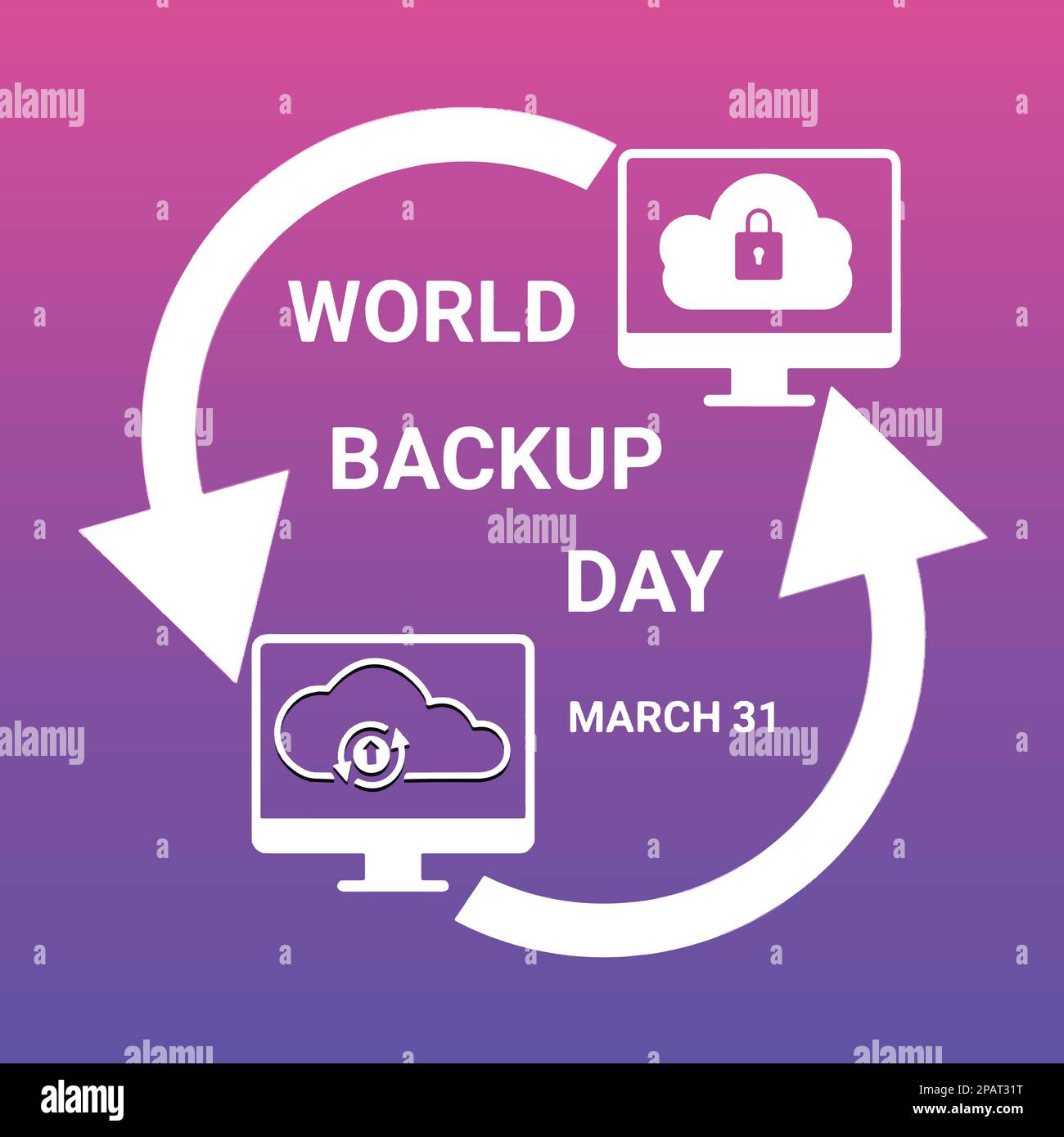 Concetto di giornata di backup mondiale con icone del computer su sfondo viola. design colorato. Illustrazione vettoriale Illustrazione Vettoriale