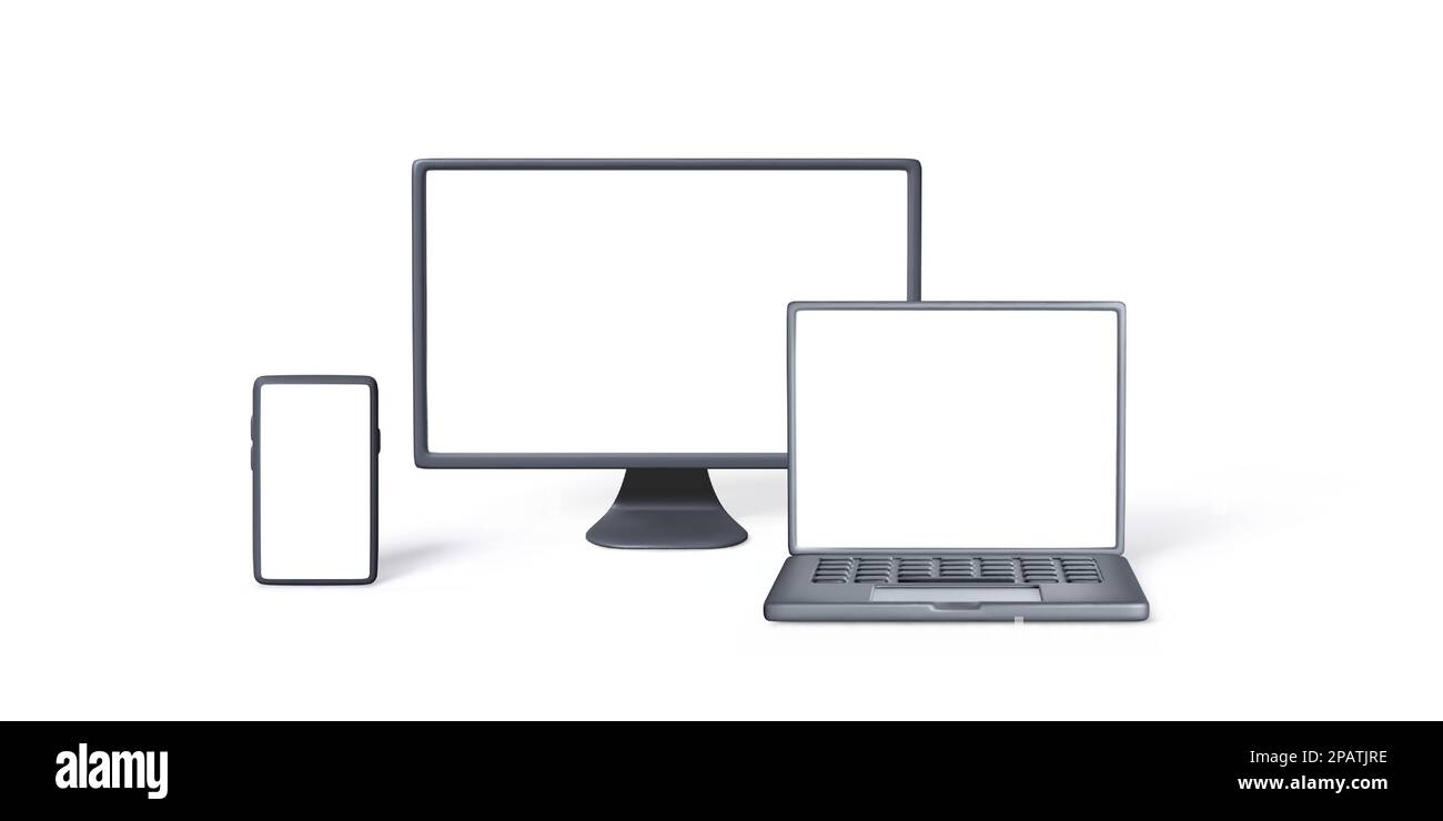 Smartphone, monitor PC, modello per laptop in stile 3D isolato su sfondo bianco. Set di gadget per computer vista frontale per la progettazione di banner. Illustrazione del vettore Illustrazione Vettoriale