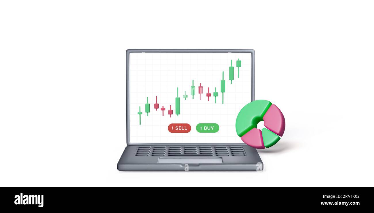 Notebook nero con grafico a candele sullo schermo e diagramma a torta 3D. Analisi del mercato azionario e investimento di successo di affari. Renderizza il tuo notebook con tra online Illustrazione Vettoriale