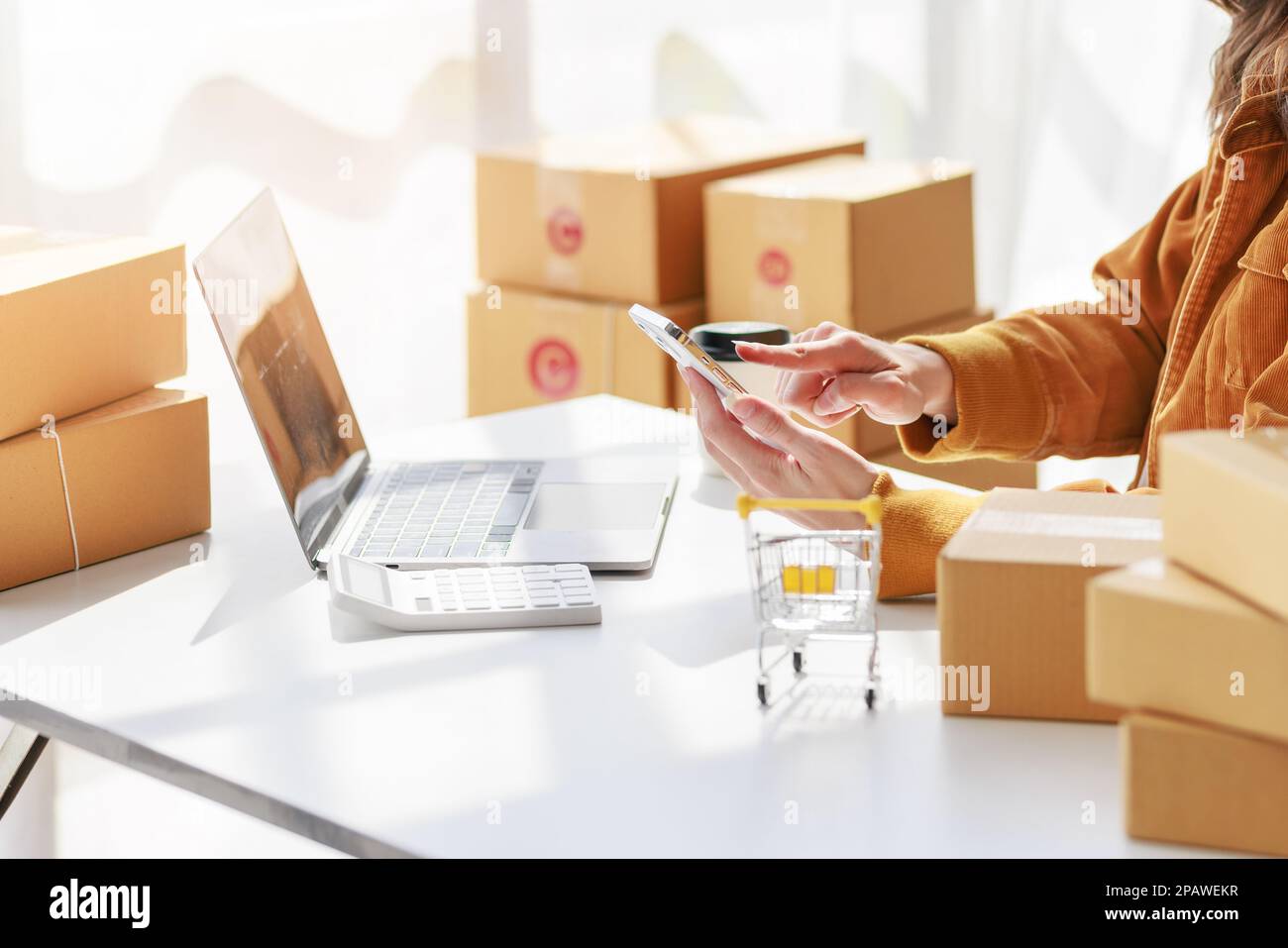 Concetto di consegna e vendita dei pacchi online,concessionario che utilizza un calcolatore per calcolare le vendite per la giornata in un negozio online per il pacco b Foto Stock