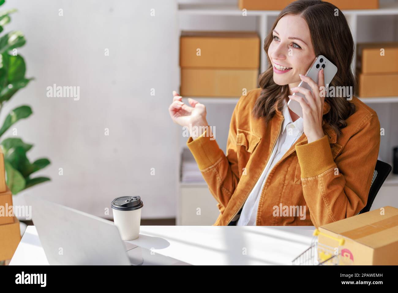 Concetto di consegna e vendita di pacchi online, venditore o rivenditore utilizzando lo smartphone per contattare i clienti che effettuano ordini presso i negozi online per confermarli Foto Stock