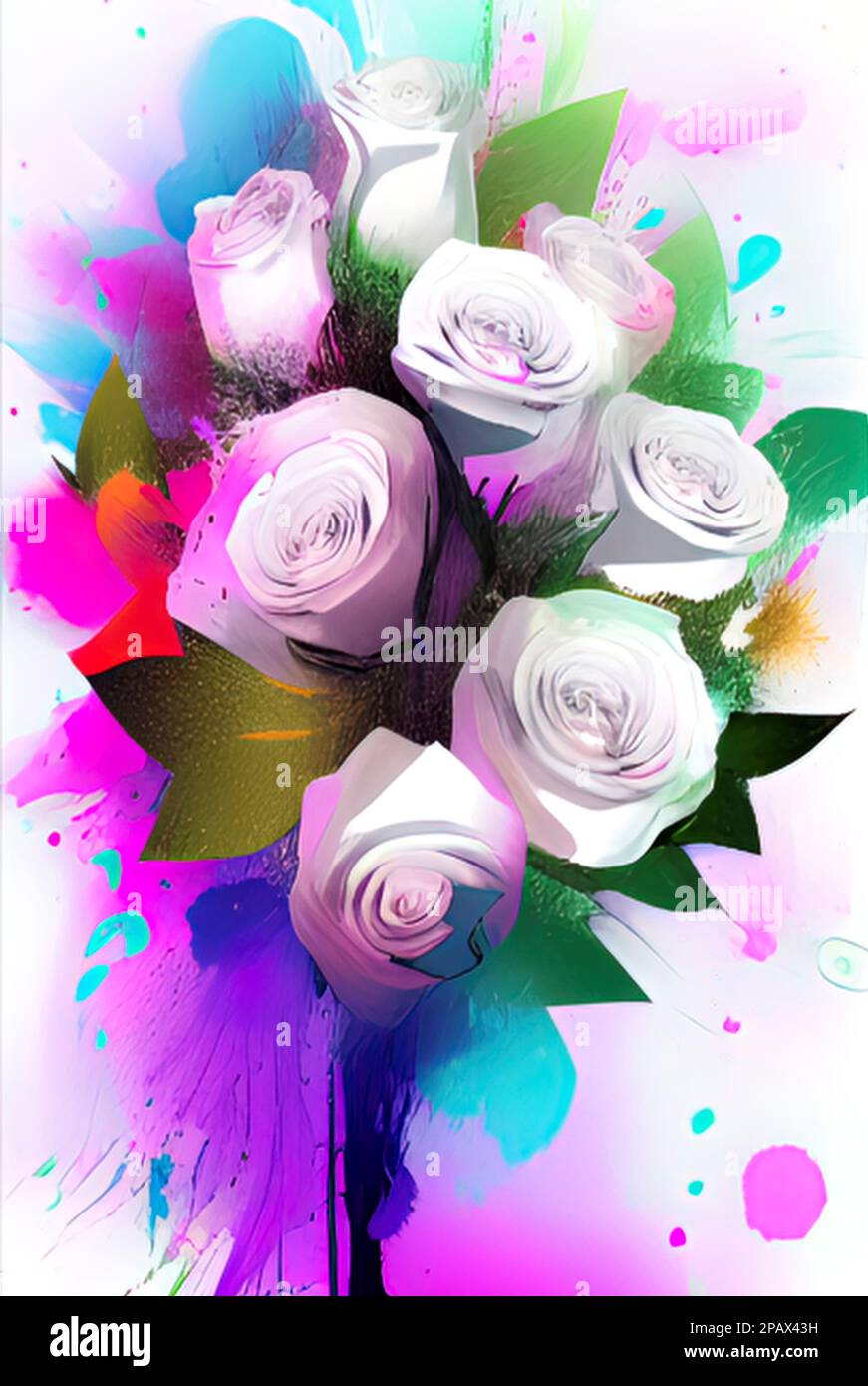 Bouquet di rose bianche su uno sfondo di macchie multicolore, spruzzi di  vernice, illustrazione Foto stock - Alamy
