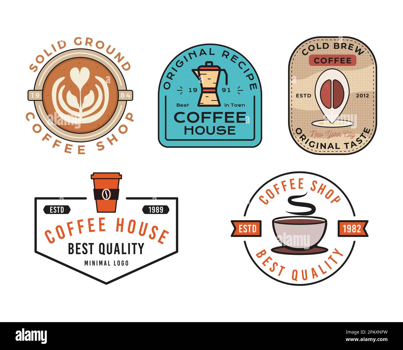 Set di modelli vettoriali Coffee Logos. Coffee Badges design per caffè, ristorante, caffetteria. Grafica stemma. Illustrazione Vettoriale
