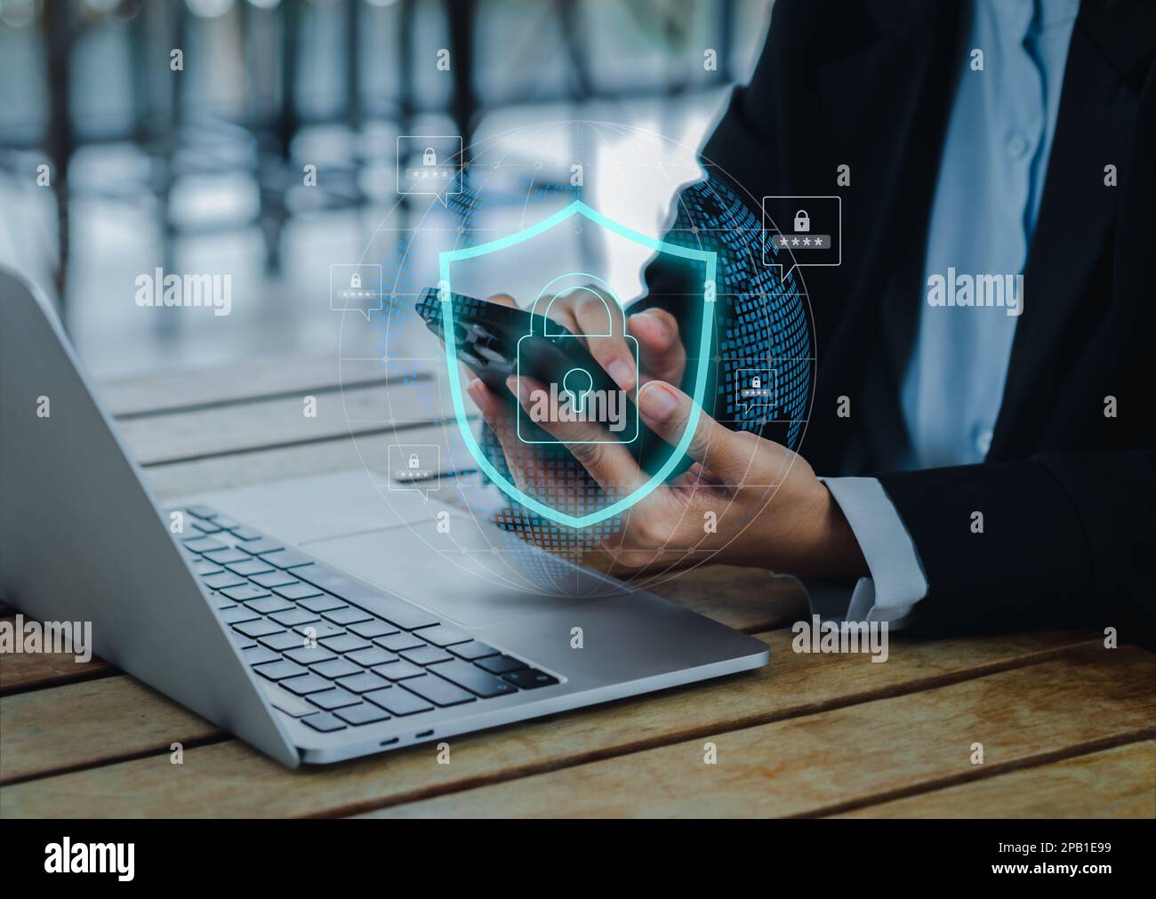 Sistema di sicurezza informatica della rete tecnologica globale su dispositivi intelligenti, concetti di protezione digitale dei dati. Vengono visualizzate le icone della protezione di sicurezza e del lucchetto wh Foto Stock
