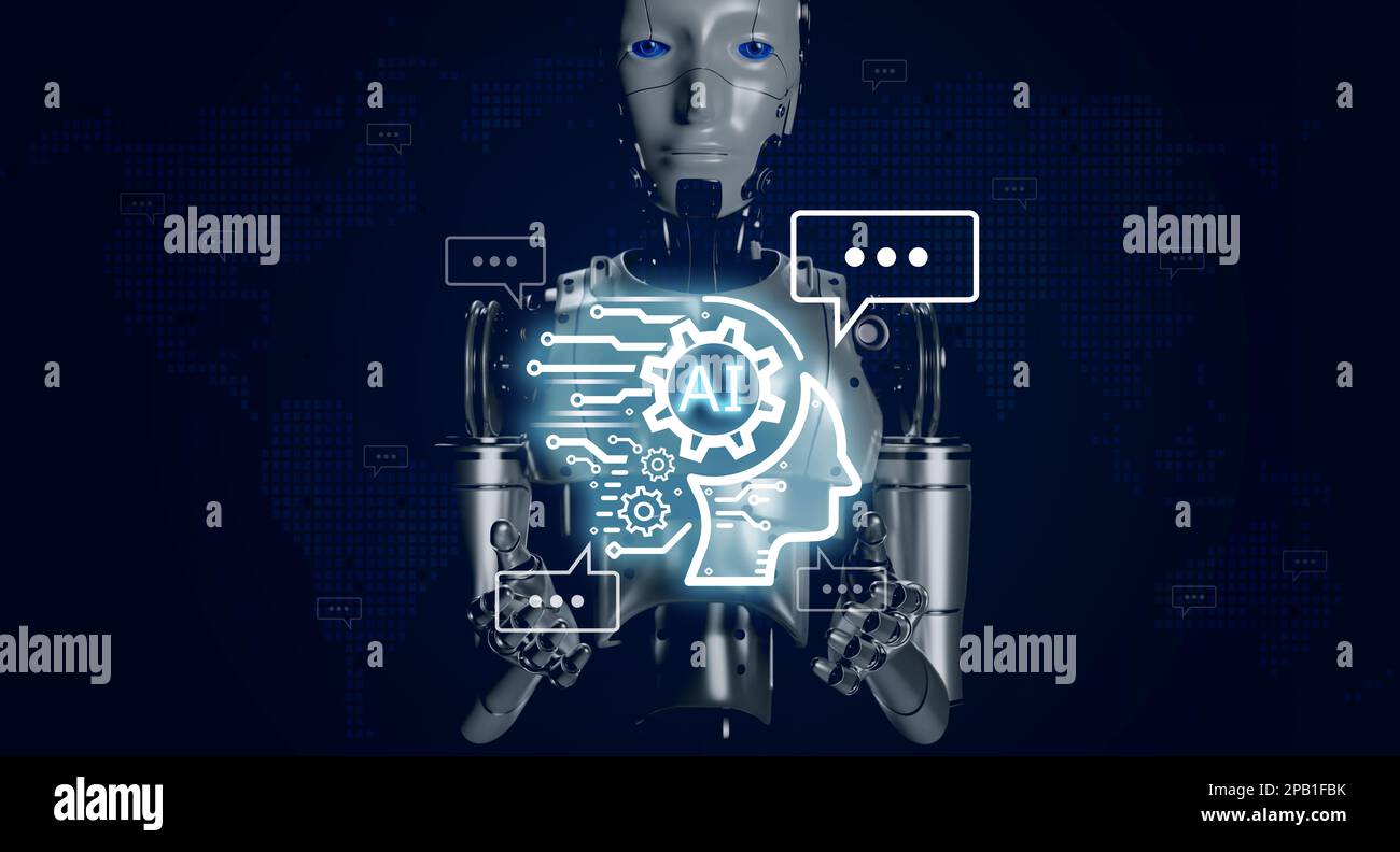 Robot intelligente con rendering 3D che mostra l'icona di gestione dell'intelligenza artificiale brillante circondata da parole chatbot digitali sulla mappa del mondo digitale, sfondo blu. Chat robotica bo Foto Stock