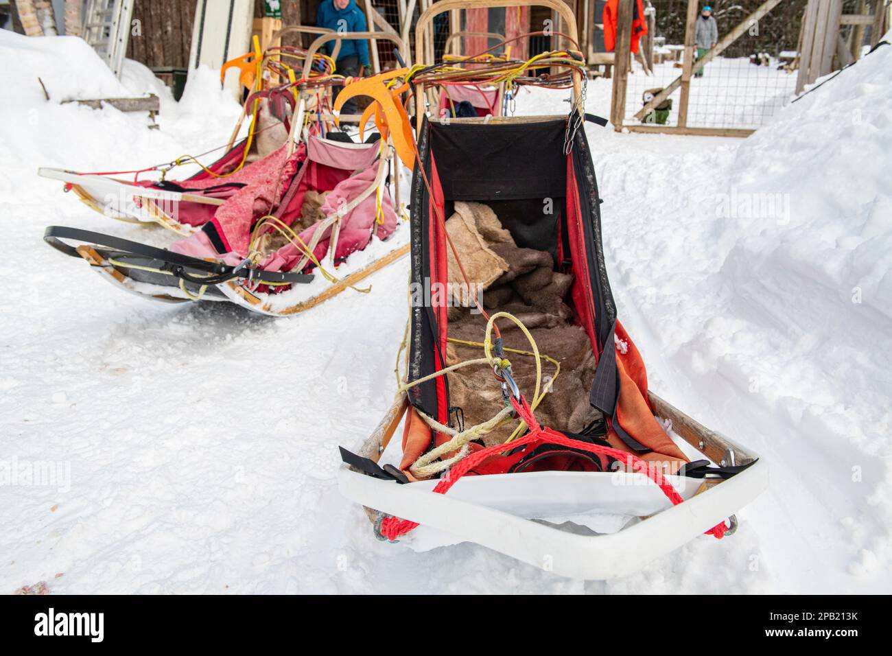 Slitte in legno per cani in attesa di essere utilizzate nella neve in Norvegia Foto Stock