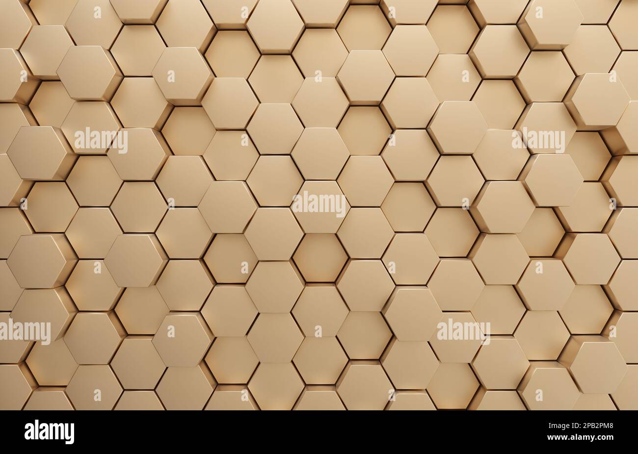 Esagono a nido d'ape in metallo dorato, rappresentazione 3D. 3D futuristico sfondo a mosaico a nido d'ape. Trama geometrica realistica delle celle della mesh Foto Stock