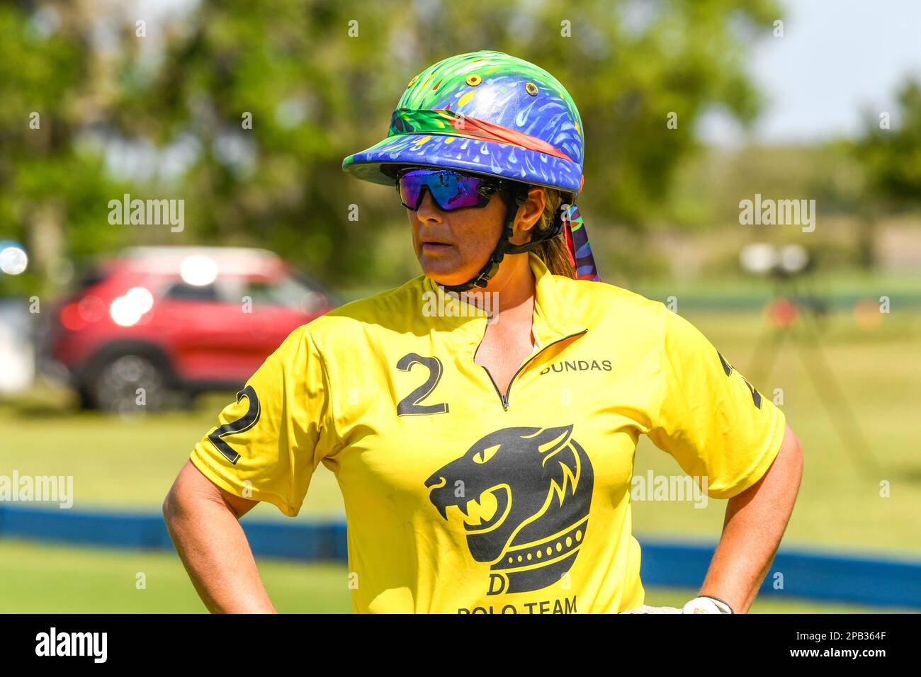 Port Mayaca, Stati Uniti. 12th Mar, 2023. 3/10/23 Port Mayaca, Florida Erica Grandomcar Rides for Dundas durante la DUNDAS VS EL CID FITNESS durante la US Women's Polo 18-24 Goal Cup 2023 Semifinali, che si tengono presso il Port Mayaca Polo Grounds a Port Mayaca, Florida, venerdì 10 marzo 2023. Credit: Jennifer Graylock/Alamy Live News Foto Stock