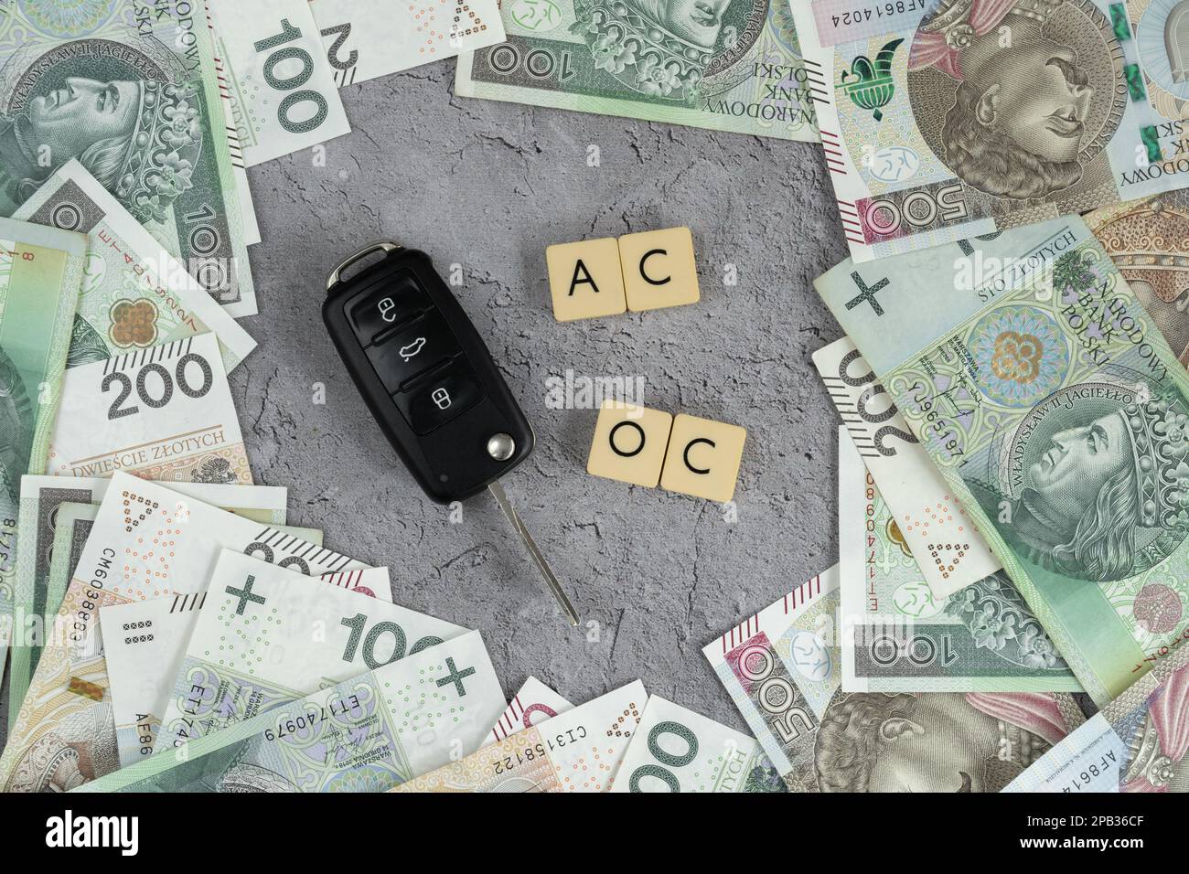Chiavi e acronimi per auto AC, OC. Autocasco del veicolo, assicurazione di responsabilità civile in Polonia. Banconote in zloty sotto forma di mappa polacca. Foto Stock