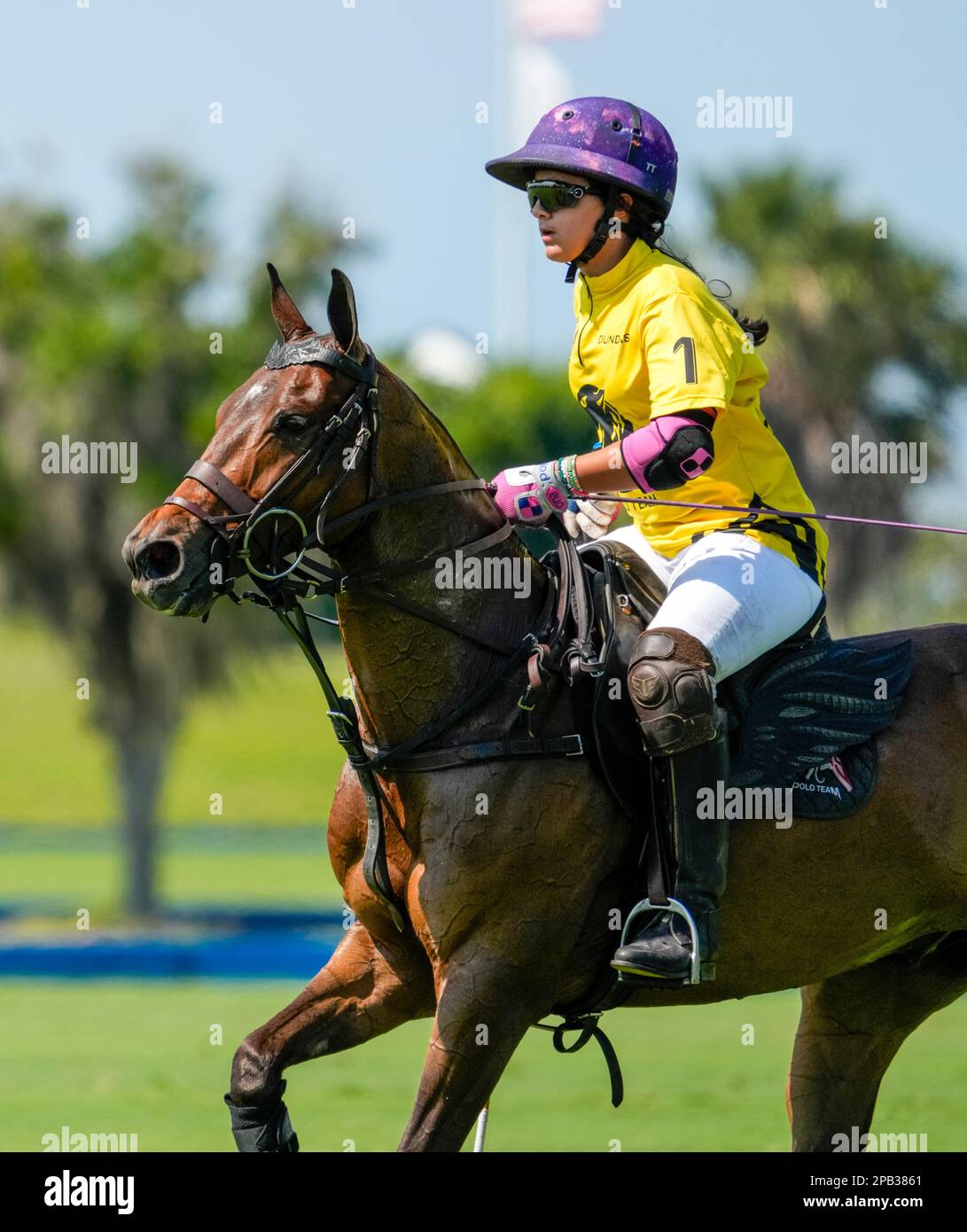 Port Mayaca, Stati Uniti. 10th Mar, 2023. 3/10/23 Port Mayaca, Florida DUNDAS VS EL CID FITNESS durante le semifinali US Women's Polo 18-24 Goal Cup 2023, tenutesi presso il polo Port Mayaca di Port Mayaca, Florida, venerdì 10 marzo 2023. Credit: Jennifer Graylock/Alamy Live News Foto Stock