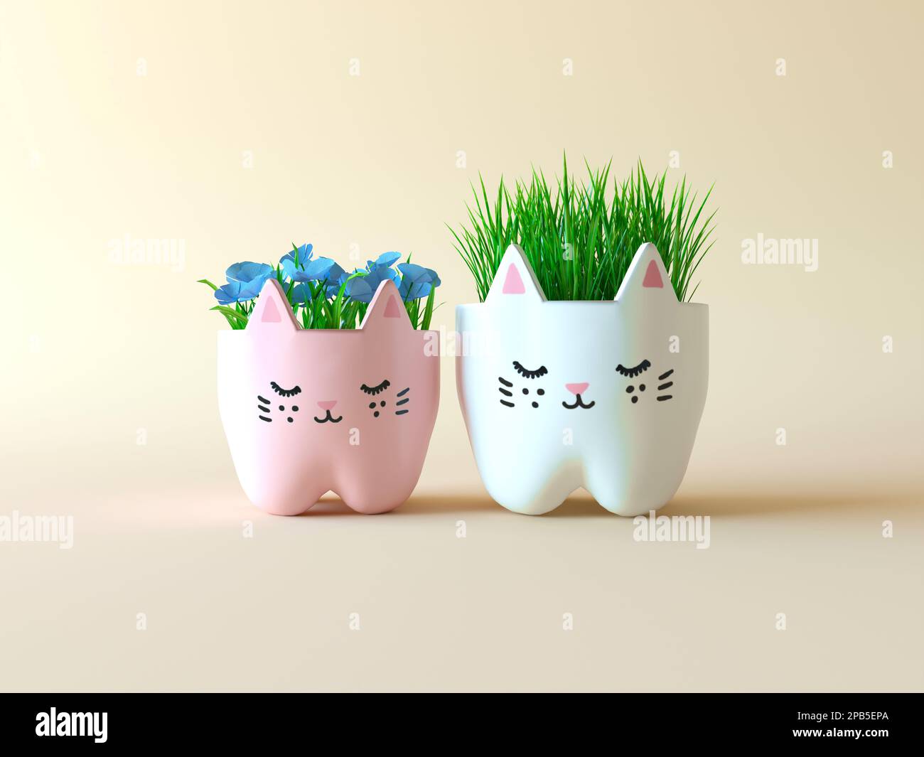 Cute casa piante in kawaii pentole. Carini vasi di fiori a forma di gattini, con erba verde e fiori blu. Isolato su un delicato sfondo rosa Foto Stock