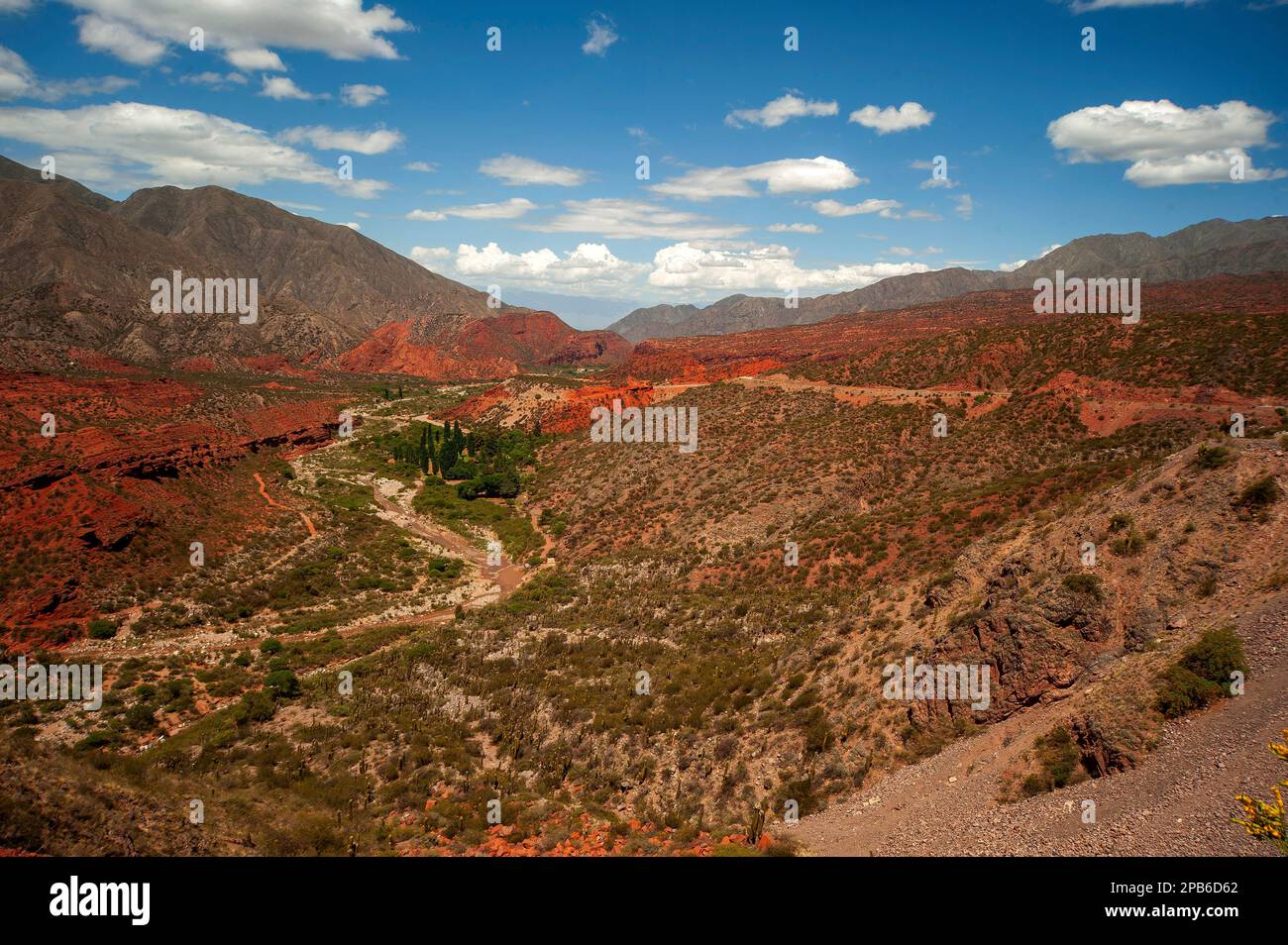 Cuesta de Miranda vicino a Chilecito, con il fiume Miranda in lontananza, Provincia di la Rioja, Argentina Foto Stock