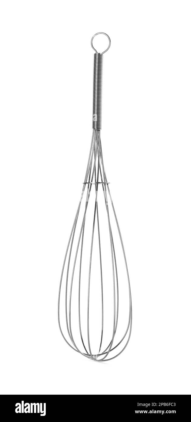 Frusta in acciaio inox isolata su bianco. Utensile da cucina Foto Stock