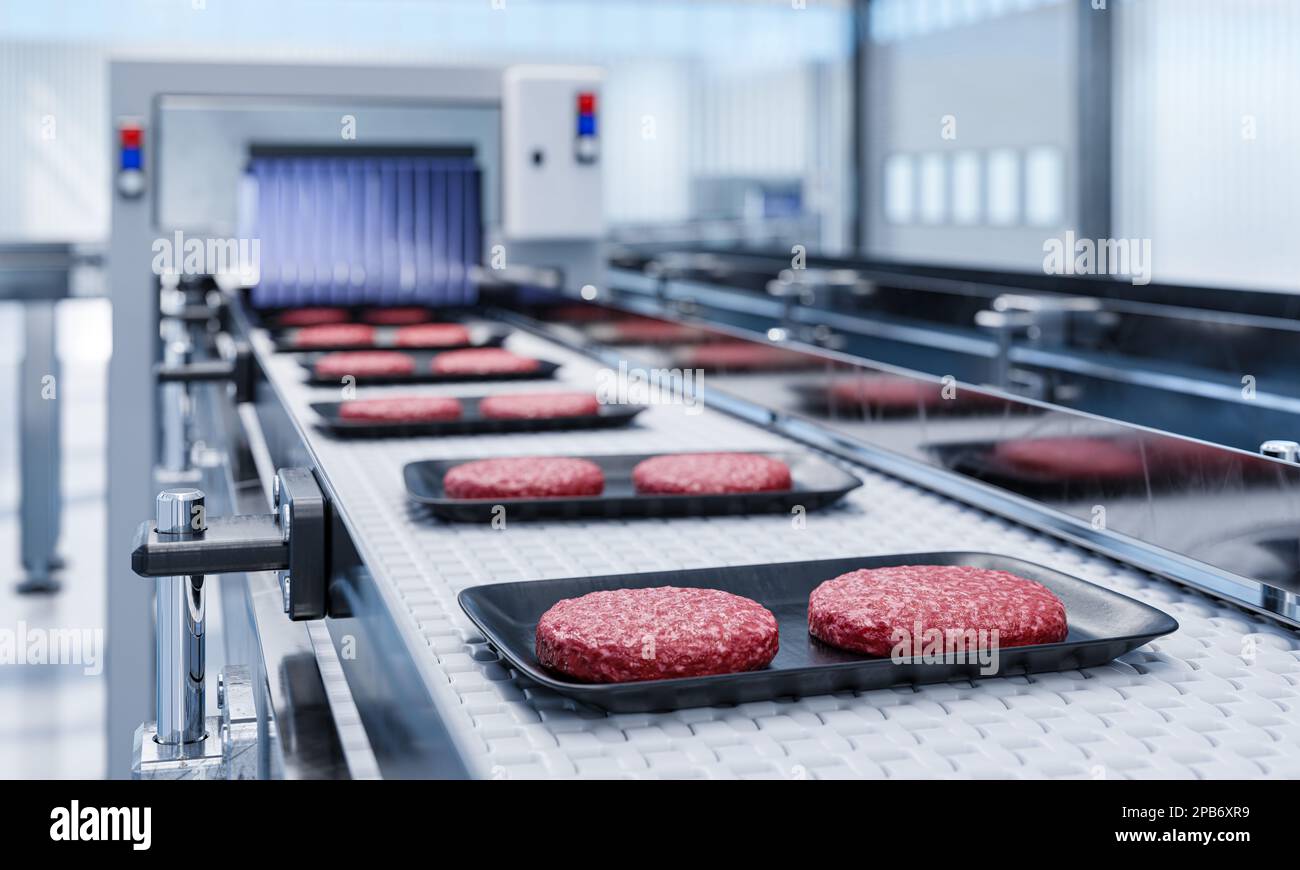 Trasportatore in una fabbrica di carni bovine prefabbricate hamburger cutlets - una moderna fabbrica ecologica di carni bio-stampa - 3D illustrazione Foto Stock