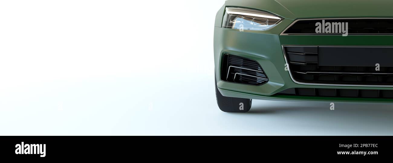 Frammento di verde marrone berlina auto luci di posizione posteriori dettaglio. 3d illustrazione con sovrapposizione a grunge. Auto su sfondo bianco. Disposizione piatta, spazio copia, cornice immagine Foto Stock