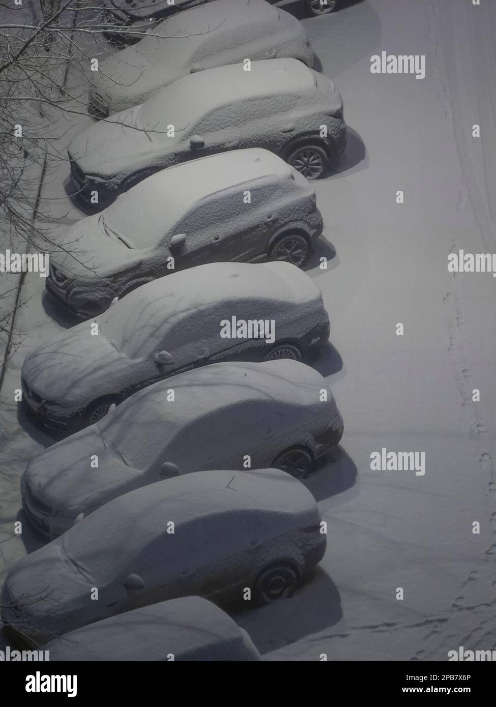 Scena urbana notturna della vita cittadina in inverno in tempesta di neve, auto coperte di neve parcheggiate su una strada Foto Stock