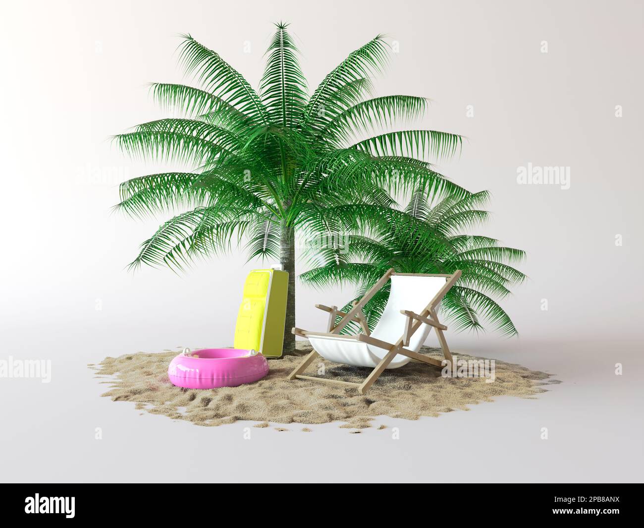 Insolita illustrazione 3D di un'isola tropicale. Un'isola di sabbia con una palma, un lettino solare, una borsa per bagagli e un cerchio gonfiabile. Viaggi e vacanze Foto Stock