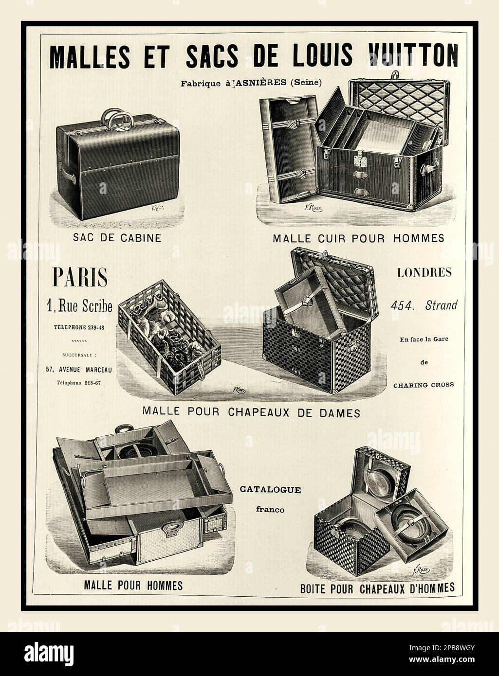 Louis Vuitton pubblicità francese per borse di lusso 1898 Parigi Francia e Londra Gran Bretagna 'Malles et sacs de Louis Vuitton'' le Théatre (Juillet 1898), copertina anteriore interna. Foto Stock