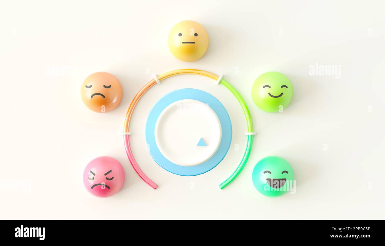 Il cliente sceglie il set emoji. Emoticon umore su emozioni soddisfazione metro, feedback, aumentare la valutazione. 3D Icon Set commenti, recensioni, valutazioni dei clienti Foto Stock