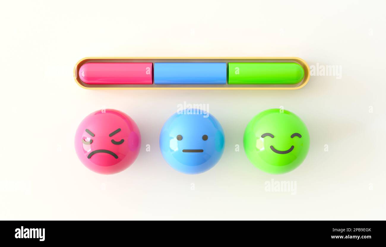 Scala di valutazione dei servizi, palline emoji. Feedback del cliente, revisione o valutazione. Tre sorrisi e una scala di valutazione. Esaminare il set di icone, la valutazione del prodotto Foto Stock