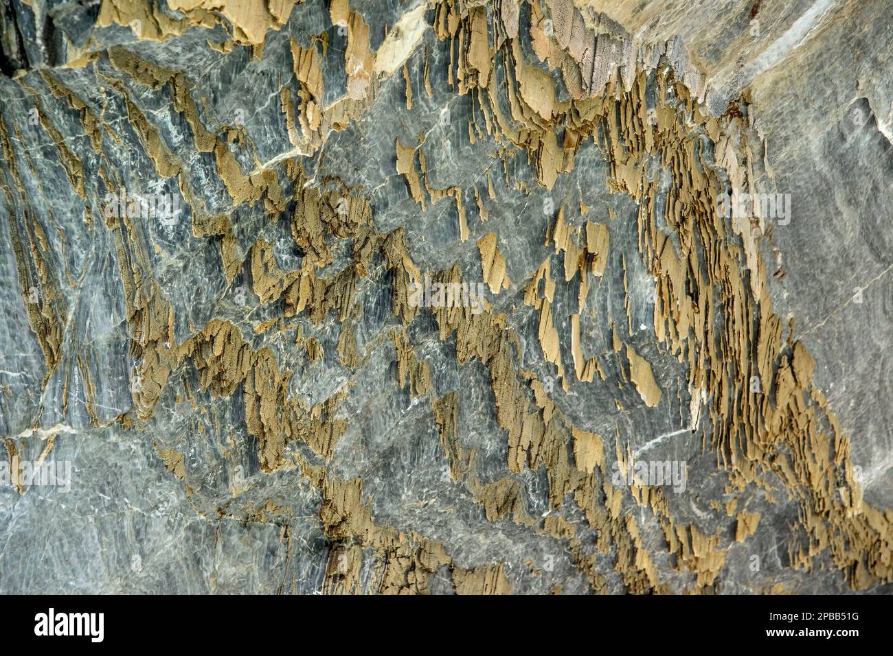 Primo piano di alcune inclusioni lastricate nel marmo eroso delle Grotte di marmo, Lago General Carrera, Patagonia Foto Stock