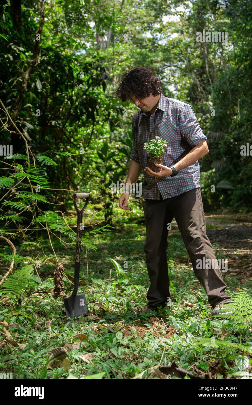 Uomo ispanico piantando una piccola pianta con una pala nera in un campo verde circondato da alberi durante una giornata di sole Foto Stock