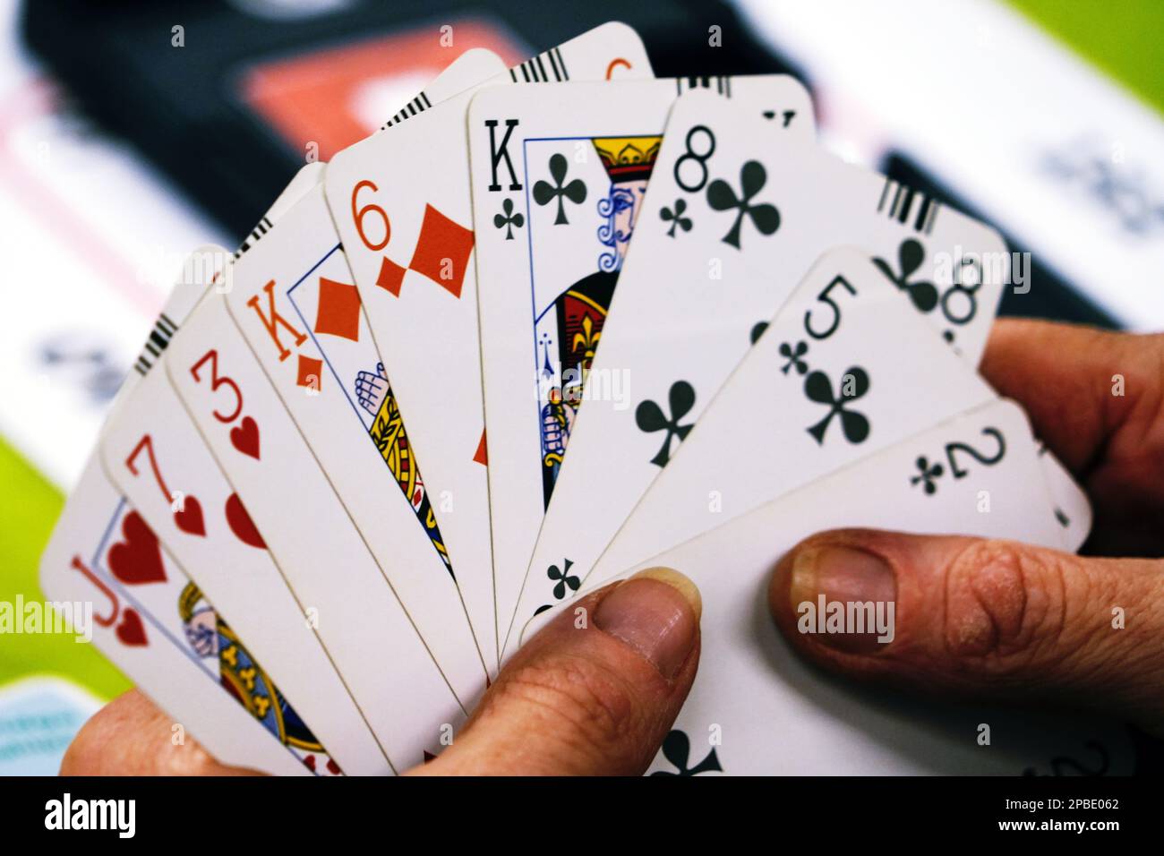 Carte da gioco in mano di un uomo durante un gioco di ponte Foto Stock