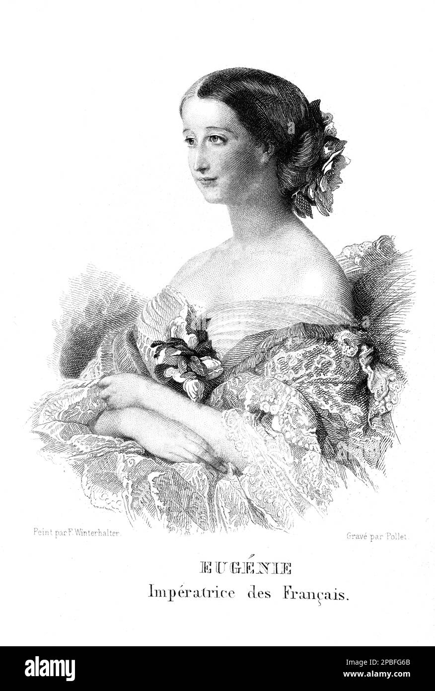 1856 , FRANCIA. : L'imperatrice francese Eugenie ( Eugenia de Montijo de Guzman - 1826 - 1920 ) , moglie dell'imperatore francese Napoleone III ( 1808 - 1873 , figlio di Luigi BONAPARTE e di Hortense De Beauharnais ) . Incisione da ALMANACH DE GOTHA 1856 , da pittura di F. WINTERHALTER , Inciso da Pollet - REALI - royalty - nobili - Nobiltà - Napoleone III - imperatrice - ritratto - RISORGIMENTO - colletto - collo - chignon - collana - decollete - scollatura - fiori - fiore - fiore - pizzo - Eugenia --- Archivio GBB Foto Stock