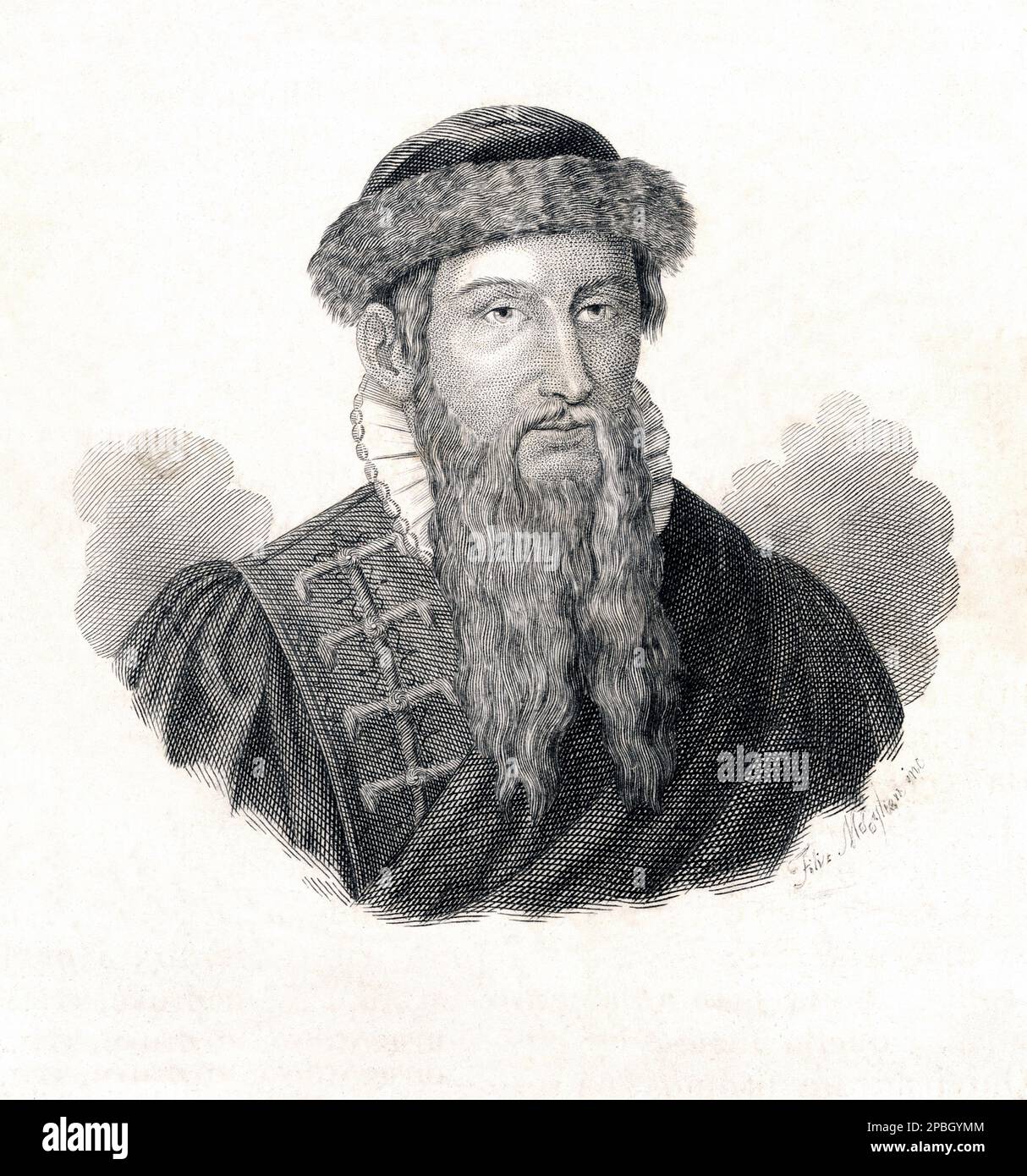 Johannes Gensfleisch zur Laden zum GUTENBERG (1400 – 1468) è stato un orafo e stampatore tedesco, il primo europeo ad utilizzare la stampa di tipo mobile, intorno al 1439, e l'inventore globale della stampa meccanica. La sua opera principale, la Bibbia di Gutenberg (conosciuta anche come la Bibbia a 42 righe), è stata acclamata per la sua alta qualità estetica e tecnica . Ritratto inciso dalla rivista italiana illustrata l'OMNIBUS PITTORESCO , Napoli 5 luglio 1838 , n. 16 , opera di Filii Morigliani - LETTERATO - SCRITTORE - LETTERATURA - LETTERATURA - RITRATTO - incisione - Foto Stock