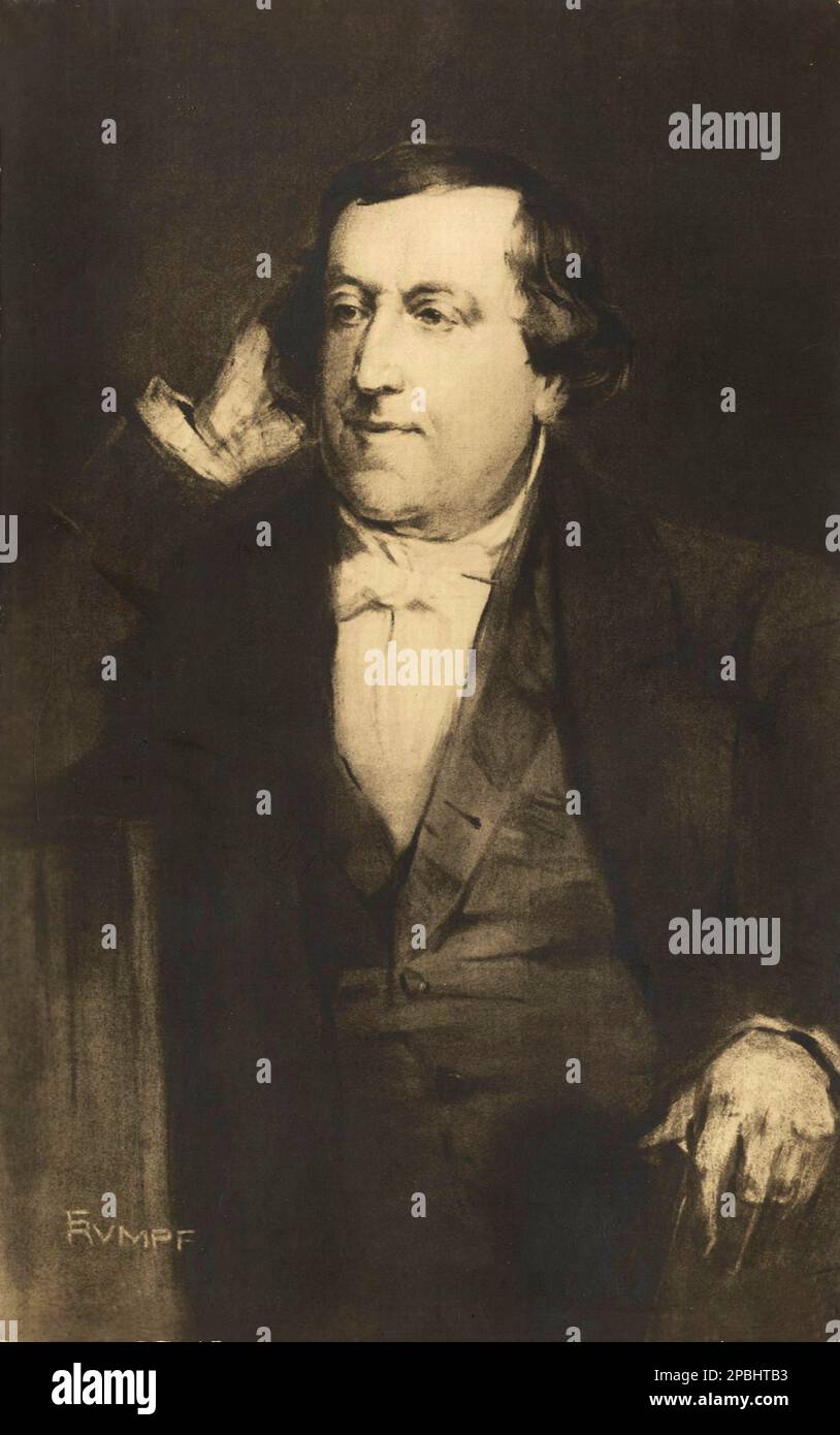 Il celebre compositore italiano GIOACCHINO ROSSINI ( 1792 - 1868 ). Ritratto del pittore tedesco illustratore F. Rumpf - COMPOSITORE - OPERA LIRICA - CLASSICA - CLASSICA - RITRATTO - ritratto - musicale - MUSICA - FIOCCO - FIOCCO - FIOCCO - CRAVATTA - CRAVATTA - CRAVATTA --- Archivio GBB Foto Stock