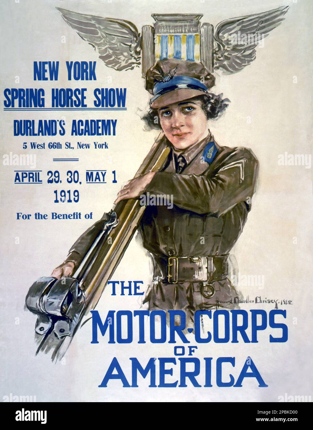 1919 , USA : The american propaganda poster ' New York Spring Horse show, Durland's Academy ... New York, 29 aprile 30, 1 maggio 1919, A beneficio del Motor-Corps of America ' dell'artista HOWARD CHANDLER CHRISTY ( 1873 - 1952 ) - LA GUERRA MONDIALE i - WW - GRANDE GUERRA - GRANDE GUERRA - PRIMA GUERRA Mondiale - foto storiche storica - locandina - poster - arruolare - ESERCITO - illustrazione - ILLUSTRAZIONE - FOTO DI STORIA - manifesto - AFFICHE - CARTELLONE - CARTELLONISMO - ARTE - ARTE - DIVISA uniforme militare - uniforme militare - beneficenza - corpi motorizzati ---- Archivio GBB Foto Stock